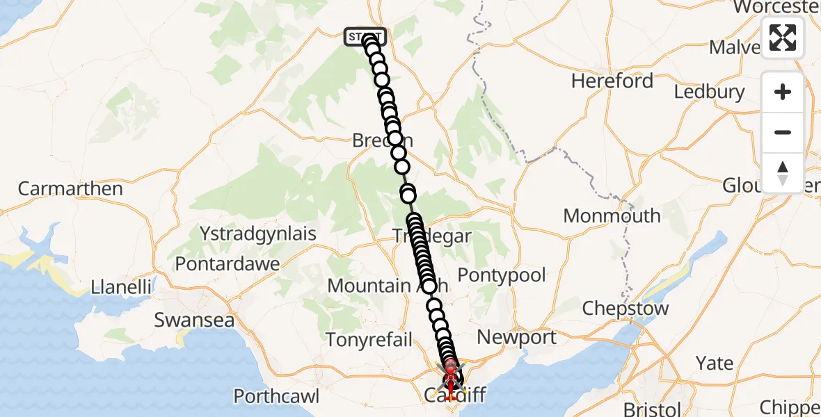 Flight route Air Ambulance Helicopter Maesmynis - Mynachdy, 15 August 2026, 12:43