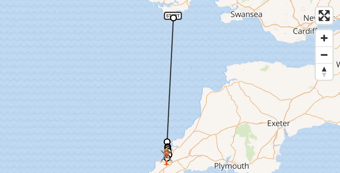 Flight route Coastguard Helicopter Stackpole and Castlemartin - Cornwall Airport Newquay, 15 August 2026, 12:45