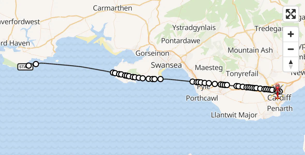 Flight route Air Ambulance Helicopter Stackpole and Castlemartin - Mynachdy, 15 August 2026, 12:47