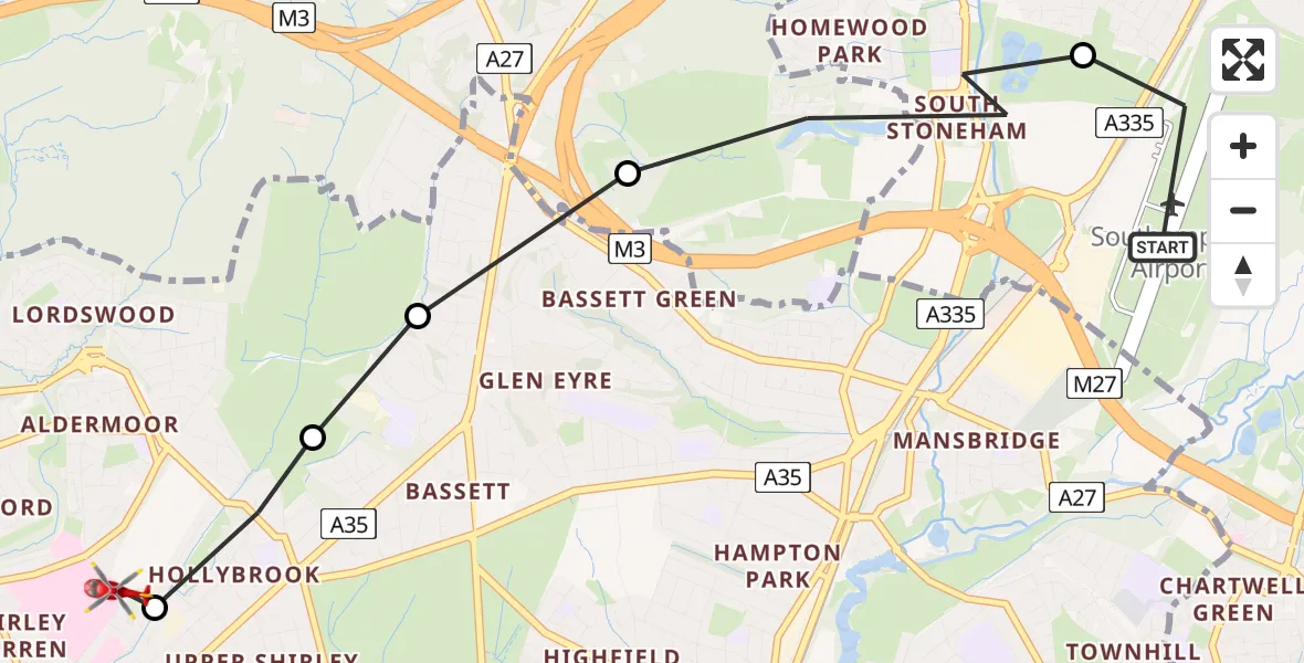 Flight route Air Ambulance Helicopter Southampton Airport - University Hospital Southampton, 15 August 2026, 13:01