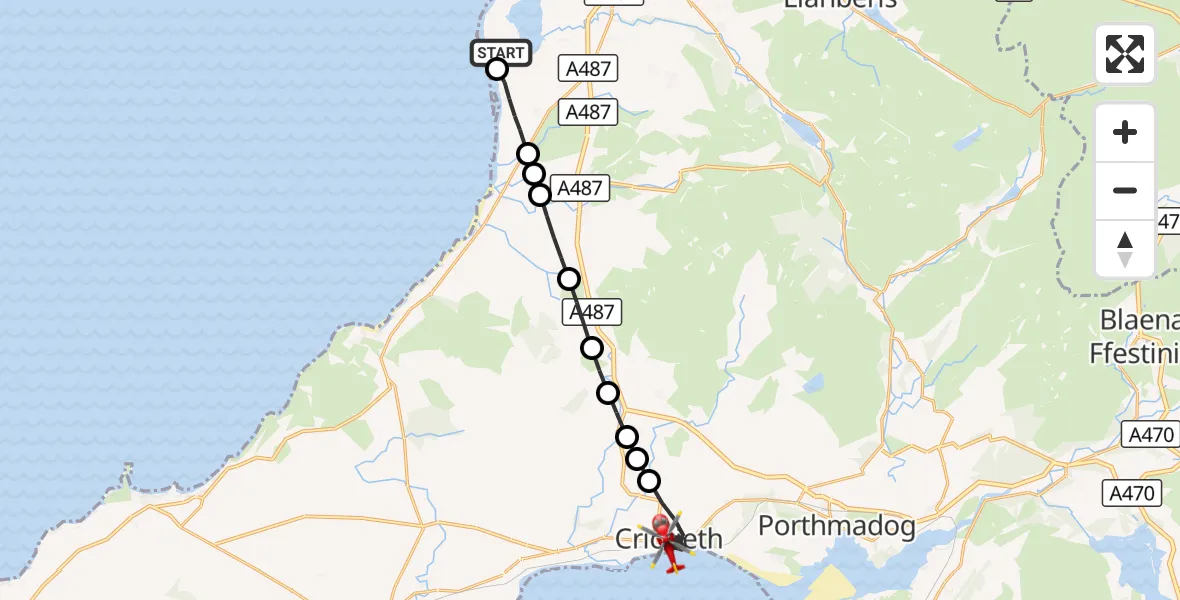 Flight route Air Ambulance Helicopter Caernarfon Airport - Criccieth, 15 August 2026, 13:05