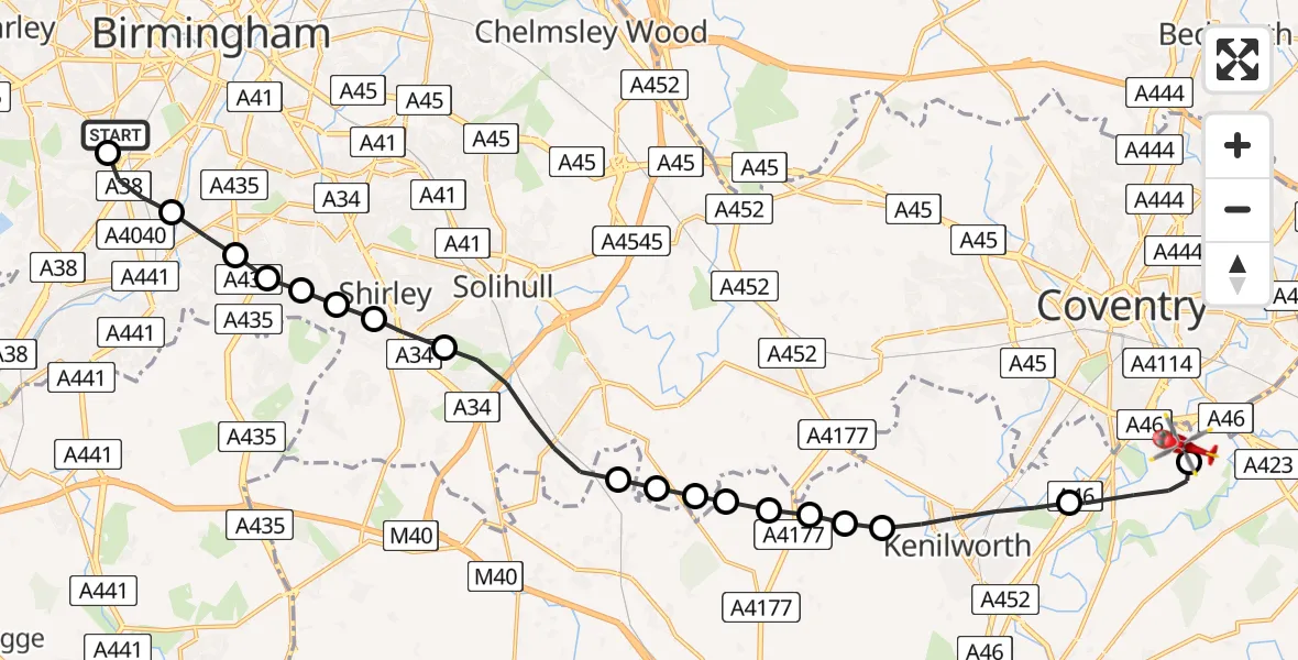 Flight route Air Ambulance Helicopter Queen Elizabeth Hospital Helipad - Coventry Airport, 15 August 2026, 13:15