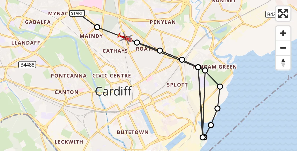 Flight route Air Ambulance Helicopter Gabalfa - Plasnewydd, 15 August 2026, 13:20