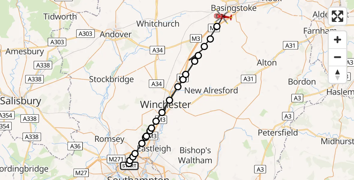 Flight route Air Ambulance Helicopter University Hospital Southampton - Basingstoke, 15 August 2026, 13:21