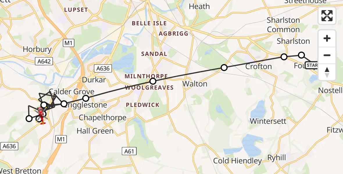 Flight route Air Ambulance Helicopter YAA Nostell Helicopter Port - Great Cliff, 15 August 2026, 13:22