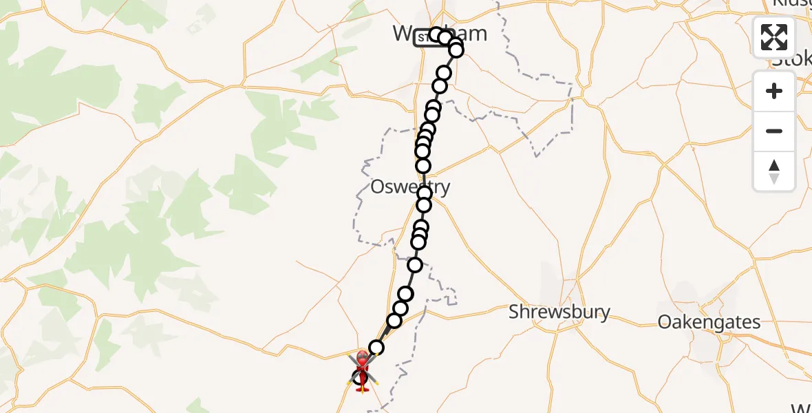 Flight route Air Ambulance Helicopter Felin Puleston - Welshpool Airport, 15 August 2026, 13:28