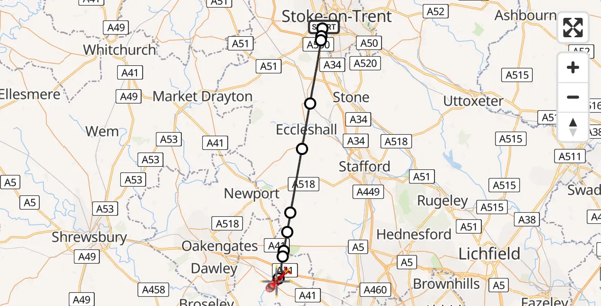 Flight route Air Ambulance Helicopter University Hospital North Staffs - Cosford, 15 August 2026, 13:32