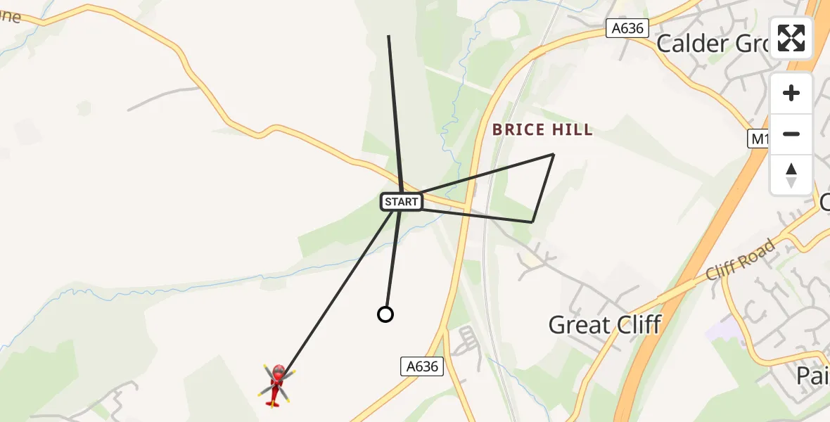 Flight route Air Ambulance Helicopter Great Cliff - West Bretton, 15 August 2026, 13:36