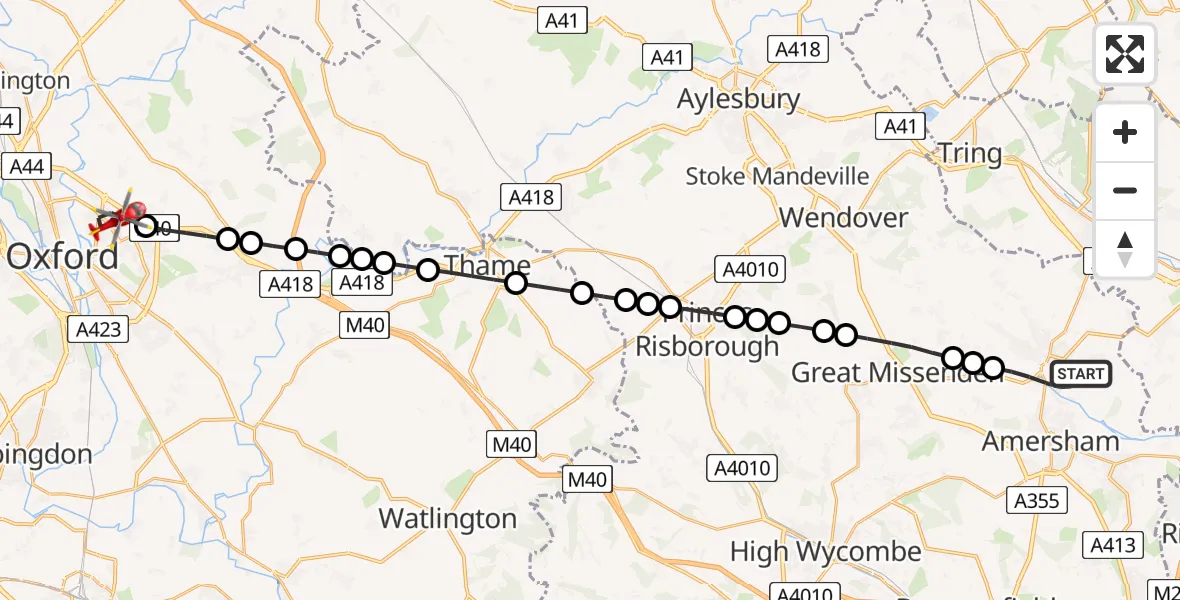 Flight route Air Ambulance Helicopter Chesham - Oxford, 15 August 2026, 13:49