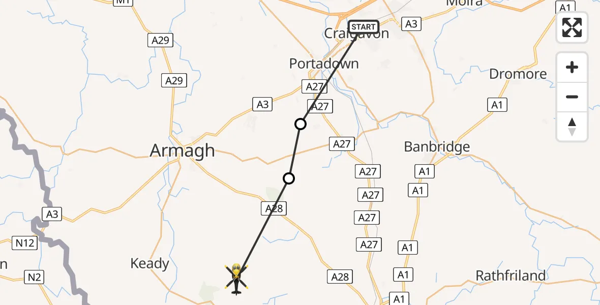 Flight route Police Helicopter Craigavon - Armagh City, Banbridge and Craigavon District Council, 15 August 2026, 13:49