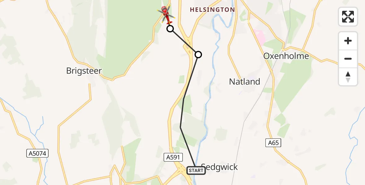 Flight route Air Ambulance Helicopter Sedgwick - Helsington, 15 August 2026, 13:50