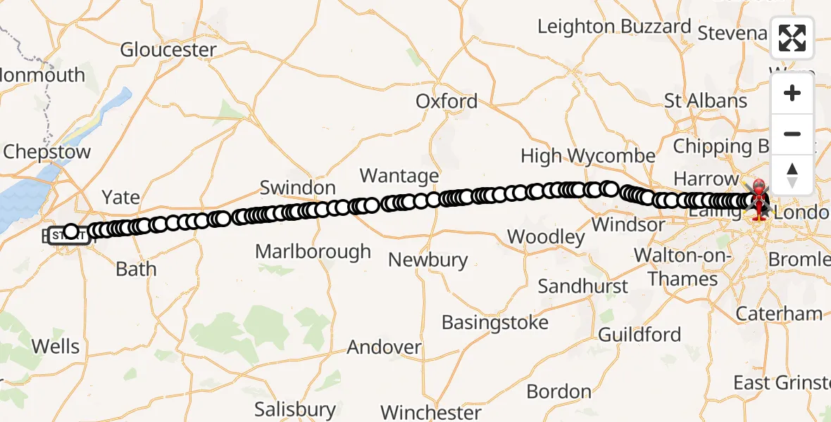 Flight route Air Ambulance Helicopter Bristol Royal Infirmary - Chalk Farm, 15 August 2026, 13:50