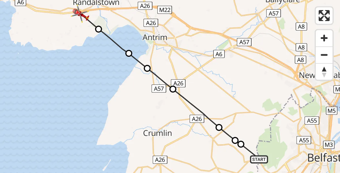 Flight route Air Ambulance Helicopter Lisburn - Randalstown, 15 August 2026, 13:56