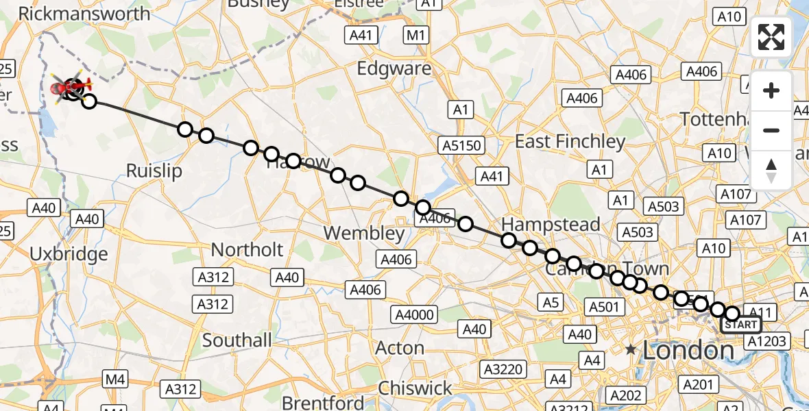 Flight route Air Ambulance Helicopter Royal London Hospital - Harefield Hospital Heliport, 15 August 2026, 14:08