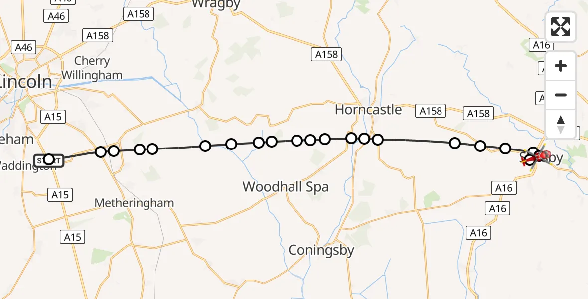 Flight route Air Ambulance Helicopter RAF Waddington - Hundleby, 15 August 2026, 14:08
