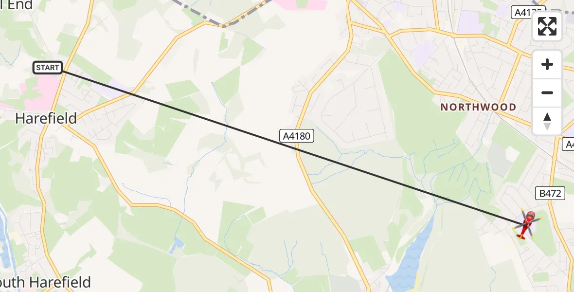 Flight route Air Ambulance Helicopter Harefield Hospital - Northwood, 15 August 2026, 14:22