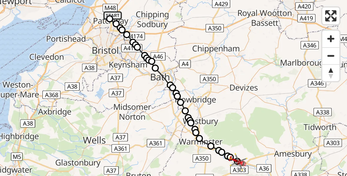 Flight route Air Ambulance Helicopter Almondsbury Helicopter Base - Stockton, 15 August 2026, 14:23