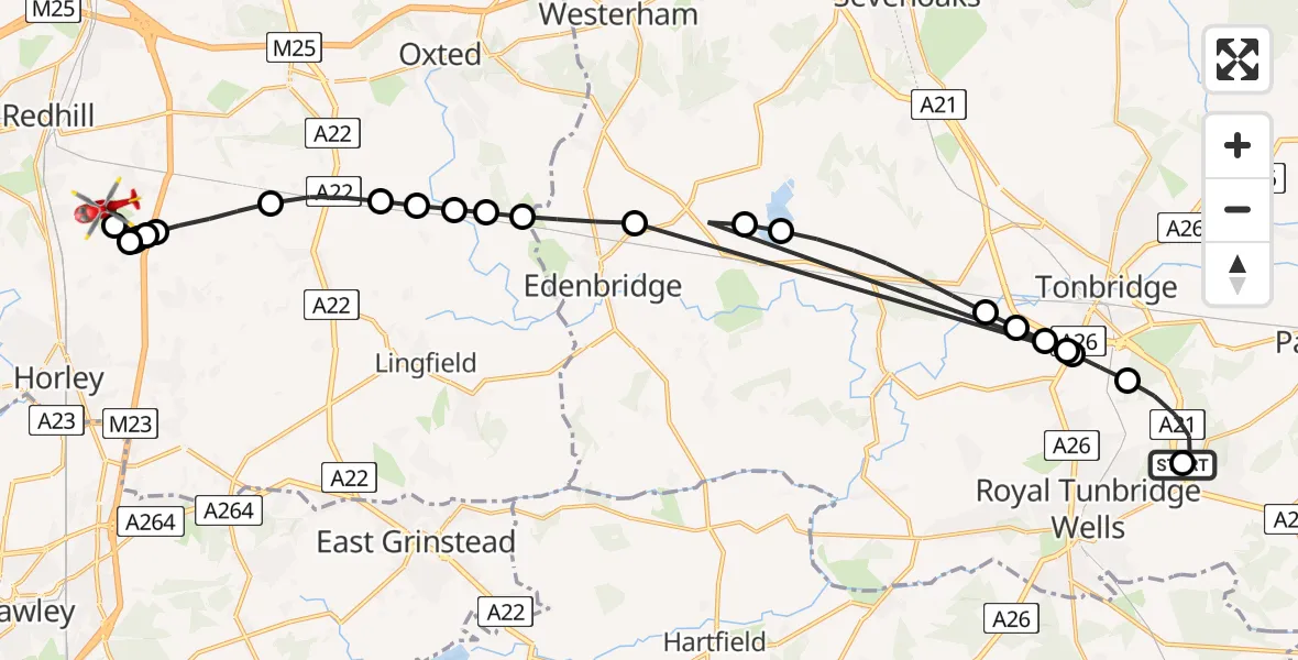 Flight route Air Ambulance Helicopter Tunbridge Wells Hospital Heliport - Redhill Aerodrome, 15 August 2026, 14:26