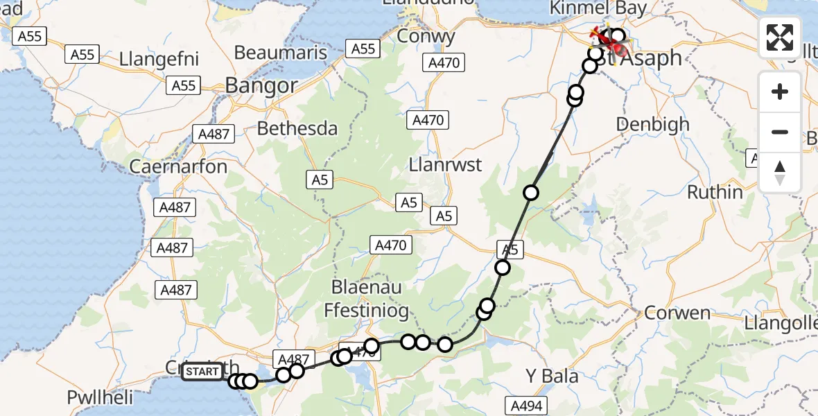 Flight route Air Ambulance Helicopter Criccieth - St Asaph, 15 August 2026, 14:27