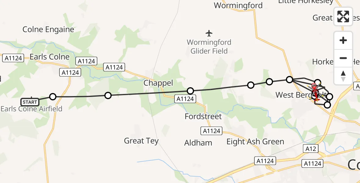 Flight route Air Ambulance Helicopter Earls Colne Airfield - West Bergholt Airstrip, 15 August 2026, 14:29