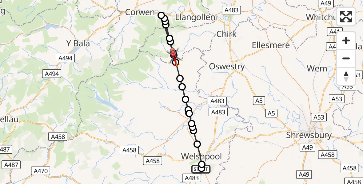 Flight route Air Ambulance Helicopter Welshpool Airport - Tregeiriog, 15 August 2026, 14:32