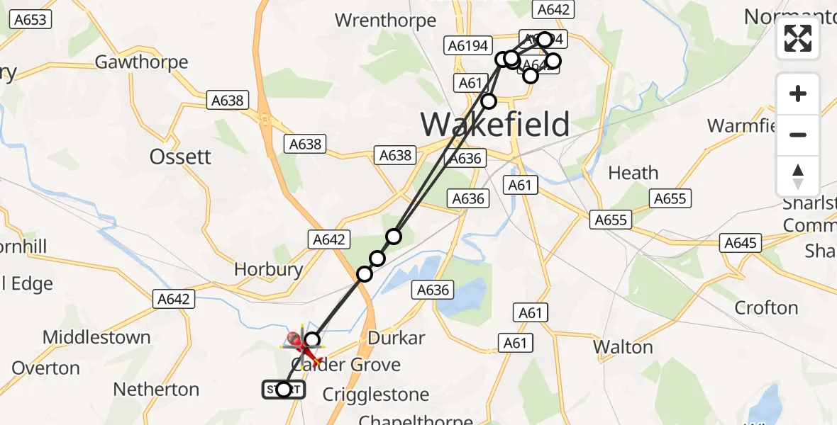 Flight route Air Ambulance Helicopter Great Cliff - Calder Grove, 15 August 2026, 14:39