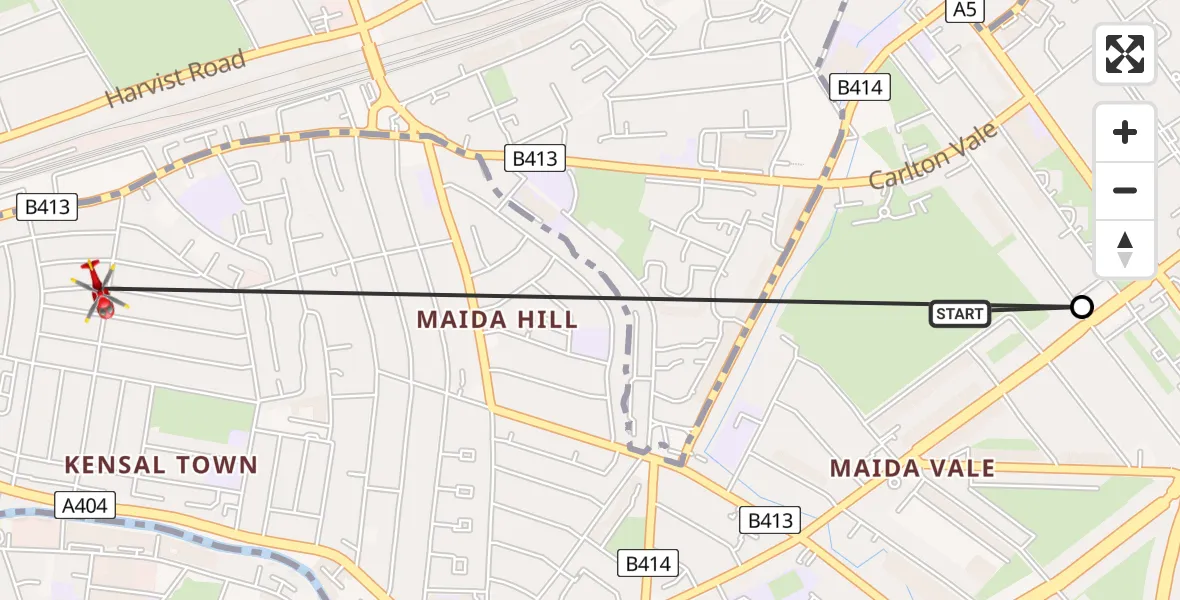 Flight route Air Ambulance Helicopter City of Westminster - Brondesbury, 15 August 2026, 14:43
