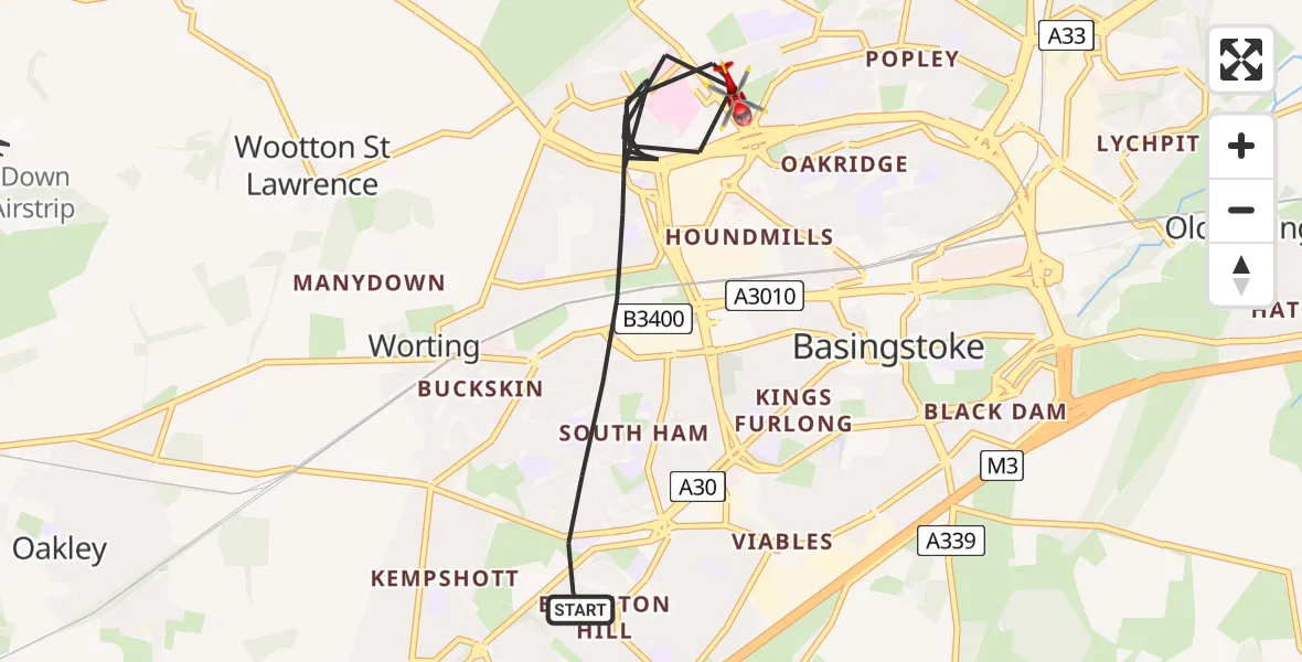 Flight route Air Ambulance Helicopter Basingstoke - Basingstoke, 15 August 2026, 14:45