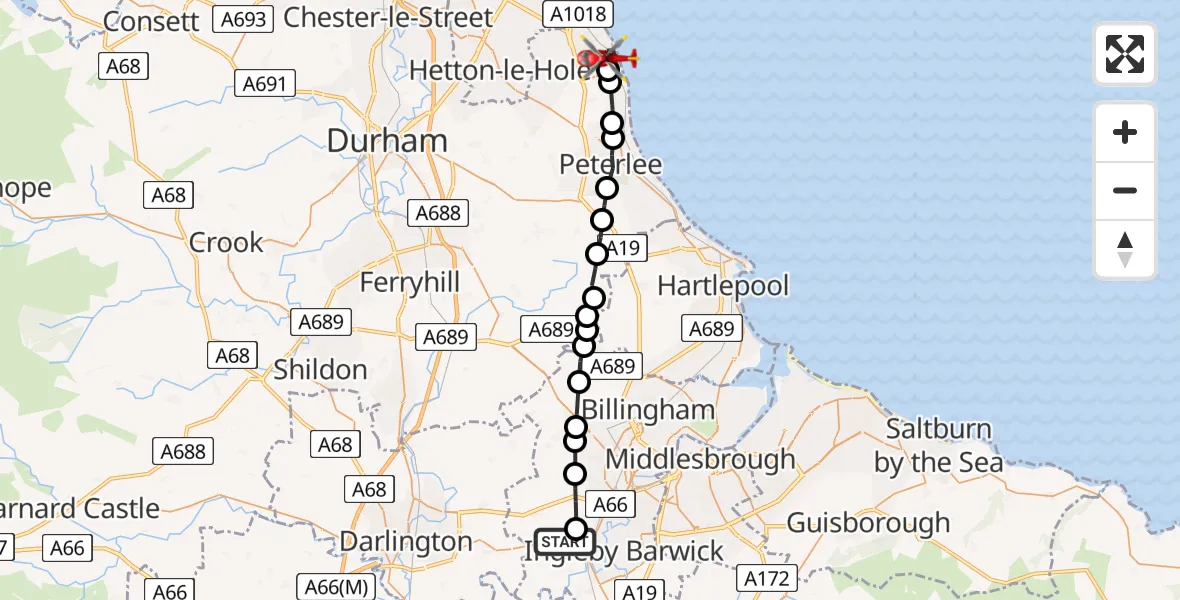 Flight route Air Ambulance Helicopter Egglescliffe - Seaham, 15 August 2026, 14:45