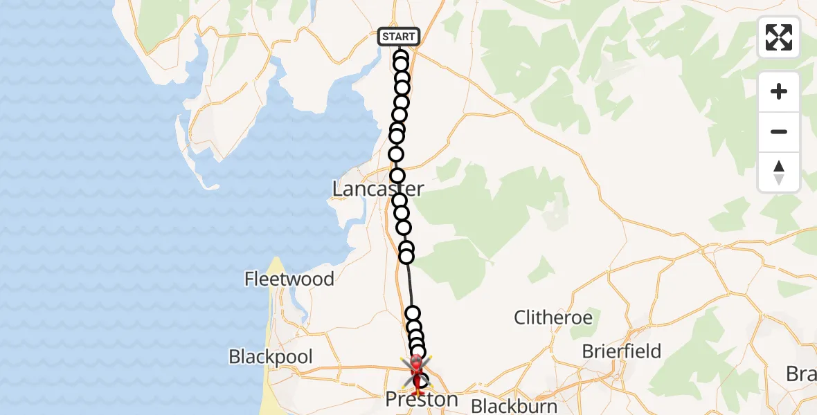 Flight route Air Ambulance Helicopter Hincaster - Preston, 15 August 2026, 14:49