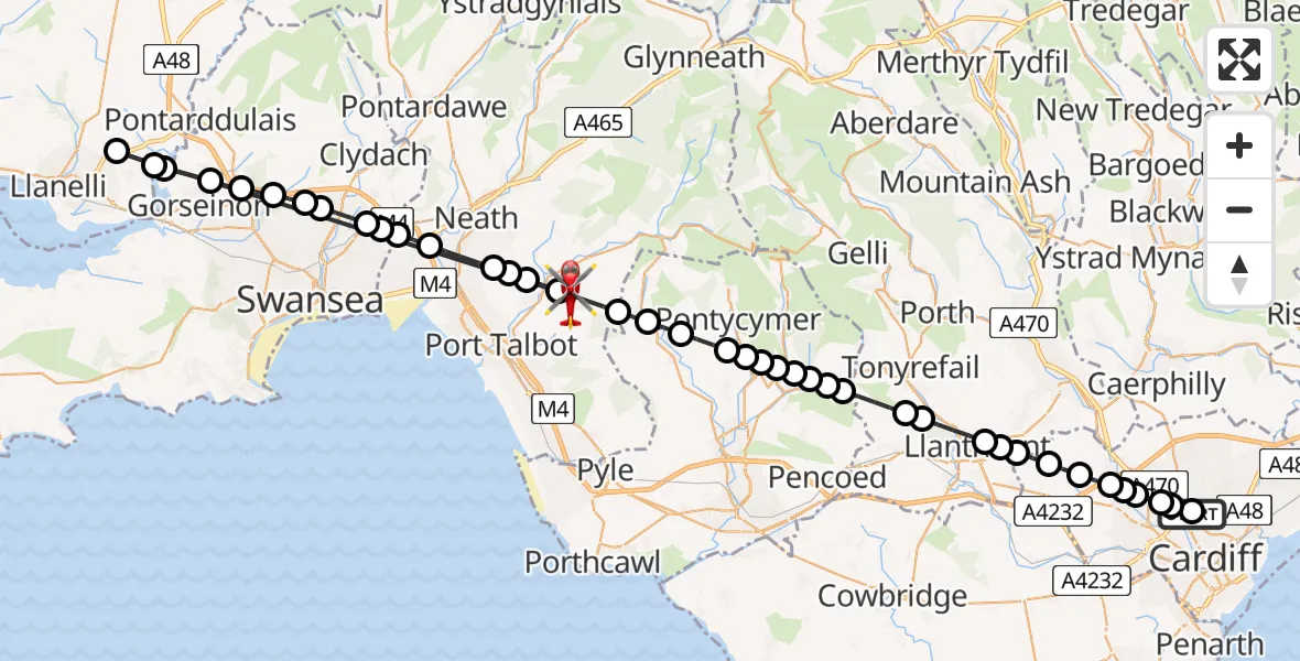 Flight route Air Ambulance Helicopter Birchgrove - Bryn, 15 August 2026, 14:52