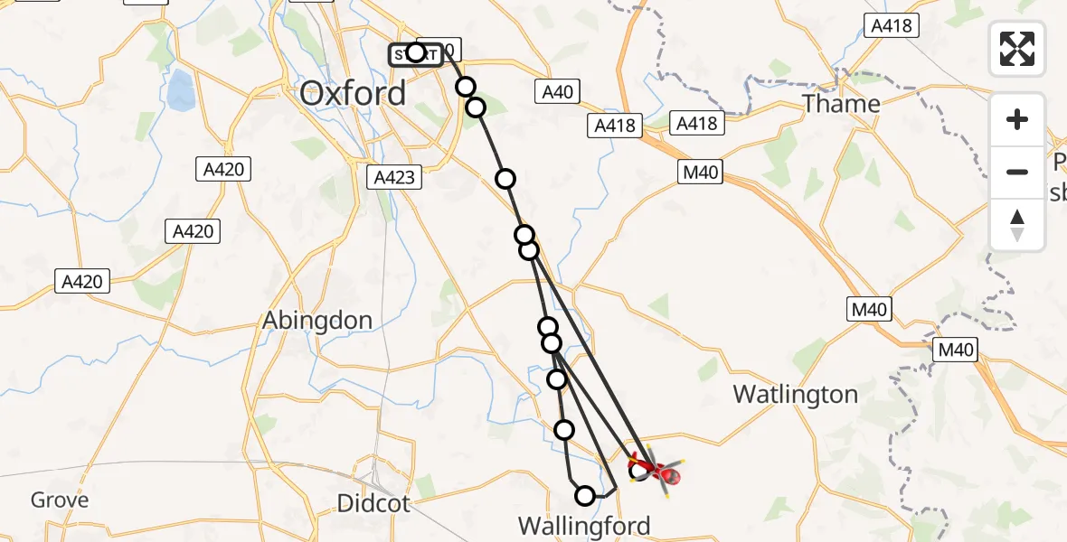 Flight route Air Ambulance Helicopter John Radcliffe Hospital - RAF Benson, 15 August 2026, 14:56