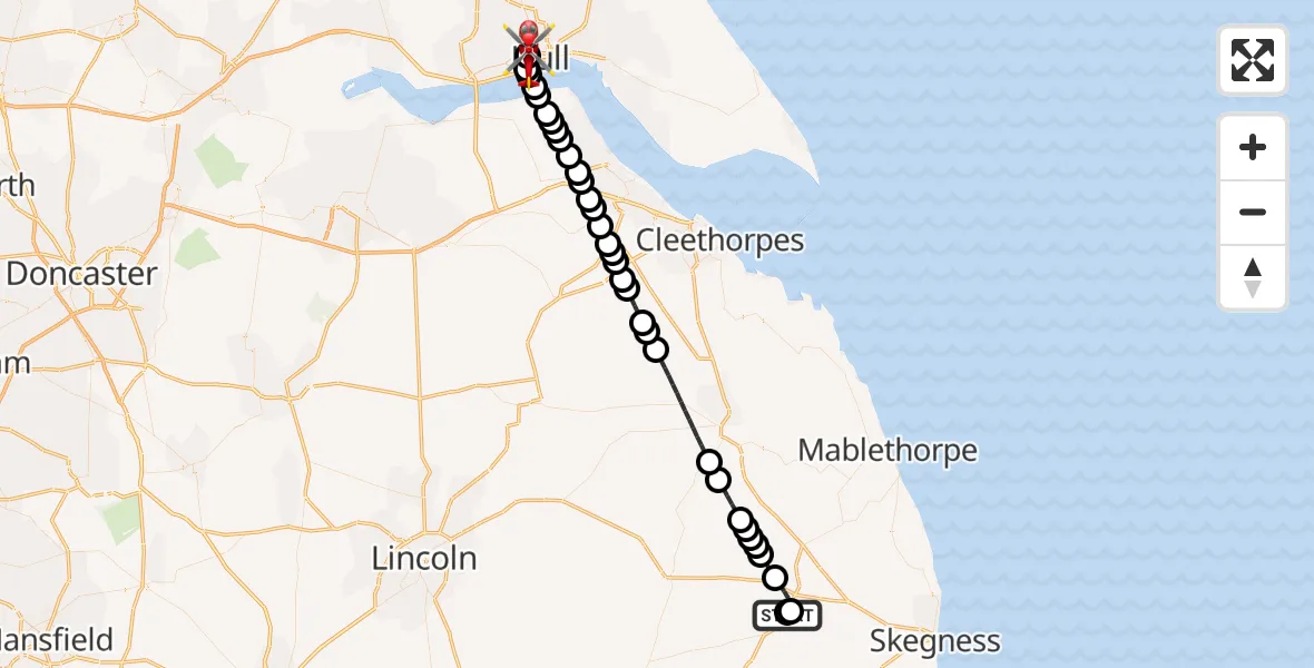 Flight route Air Ambulance Helicopter Spilsby - Hull Royal Infirmary, 15 August 2026, 15:03