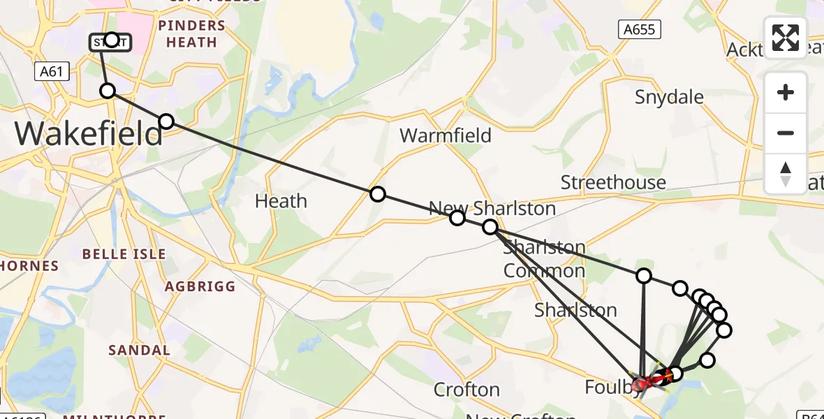 Flight route Air Ambulance Helicopter Newton Hill - YAA Nostell Helicopter Port, 15 August 2026, 15:05