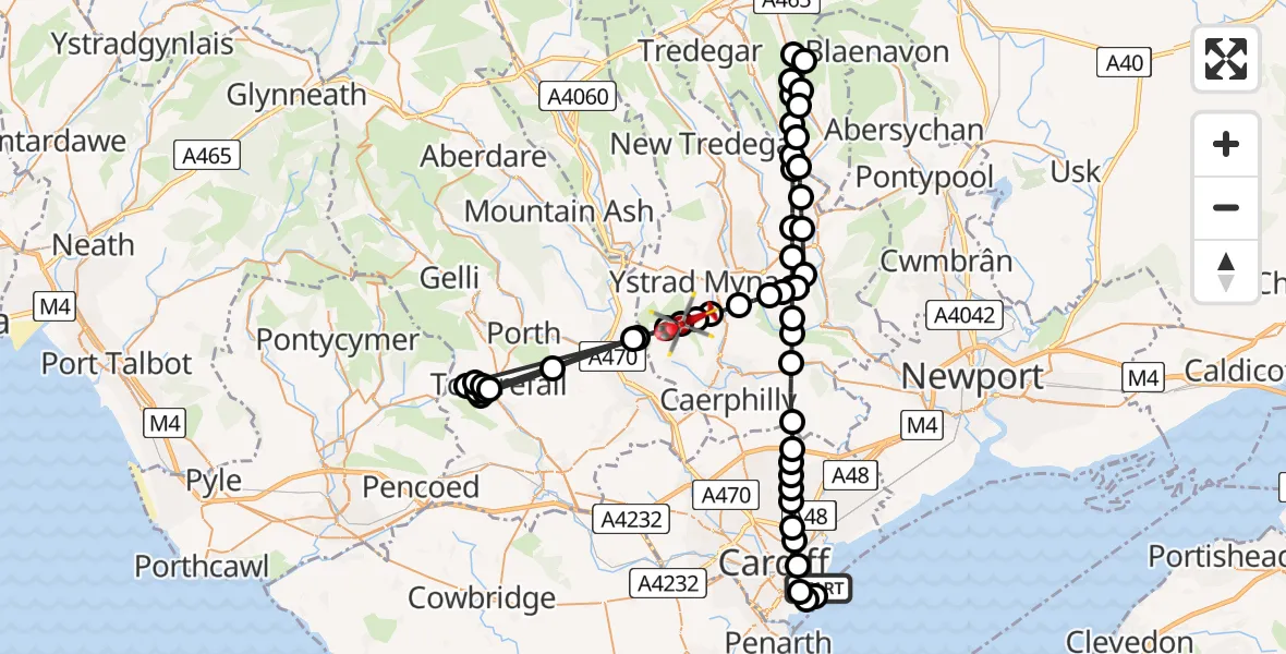 Flight route Air Ambulance Helicopter Cardiff Heliport - Aber Valley, 15 August 2026, 15:06