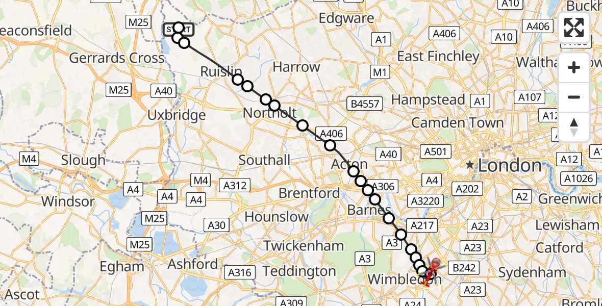 Flight route Air Ambulance Helicopter Harefield Hospital - St Georges Hospital, 15 August 2026, 15:08