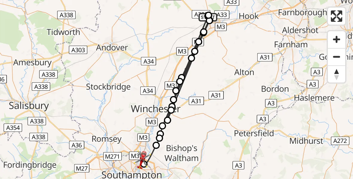 Flight route Air Ambulance Helicopter North Hampshire Hospital - Townhill Park, 15 August 2026, 15:20