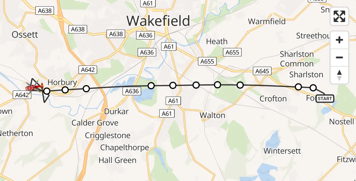 Flight route Air Ambulance Helicopter YAA Nostell Helicopter Port - Horbury Bridge, 15 August 2026, 15:25