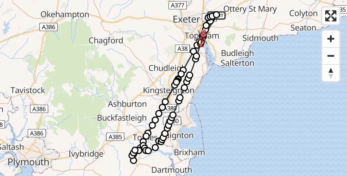 Flight route Air Ambulance Helicopter Exeter International Airport - Topsham, 15 August 2026, 15:36