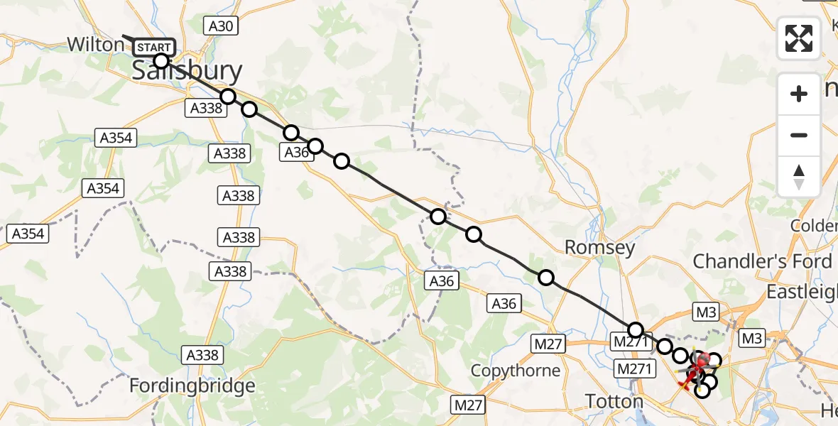 Flight route Air Ambulance Helicopter Stratford-sub-Castle - University Hospital Southampton, 15 August 2026, 15:37
