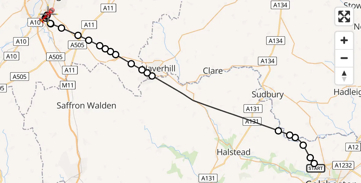 Flight route Air Ambulance Helicopter West Bergholt Airstrip - Addenbrooke's Hospital Helipad, 15 August 2026, 15:45
