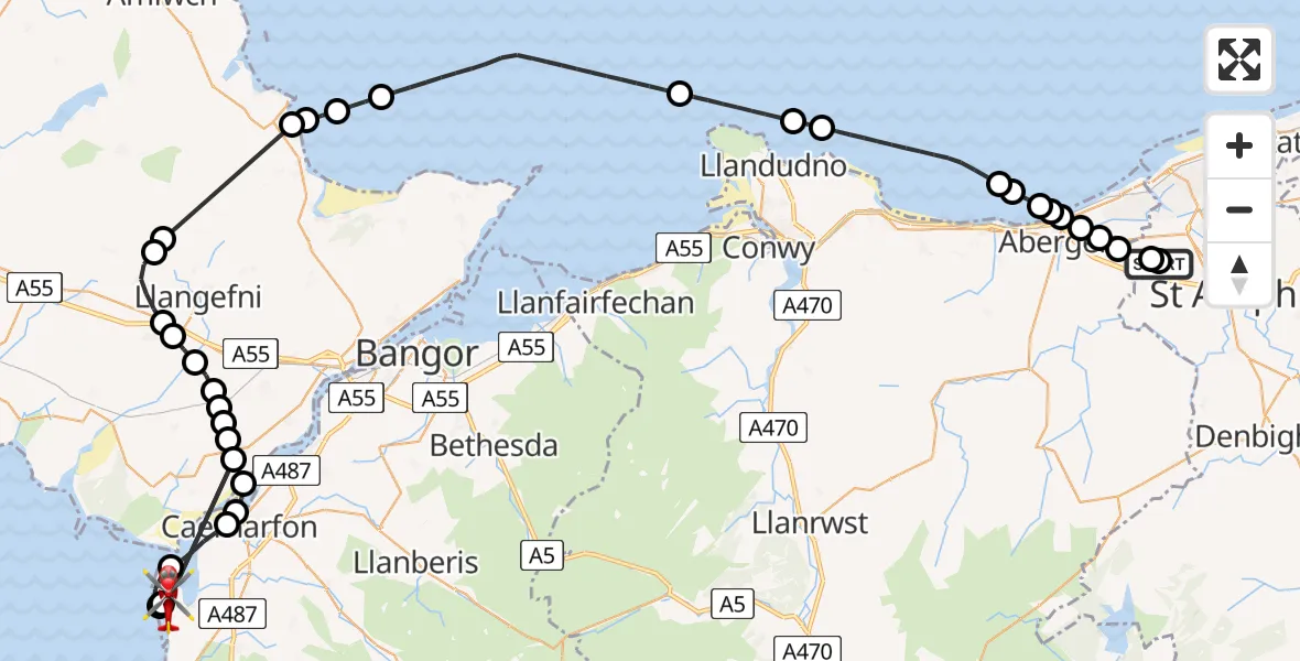 Flight route Air Ambulance Helicopter Ysbyty Glan Clywd Hospital Heliport - Caernarfon Airport, 15 August 2026, 15:52