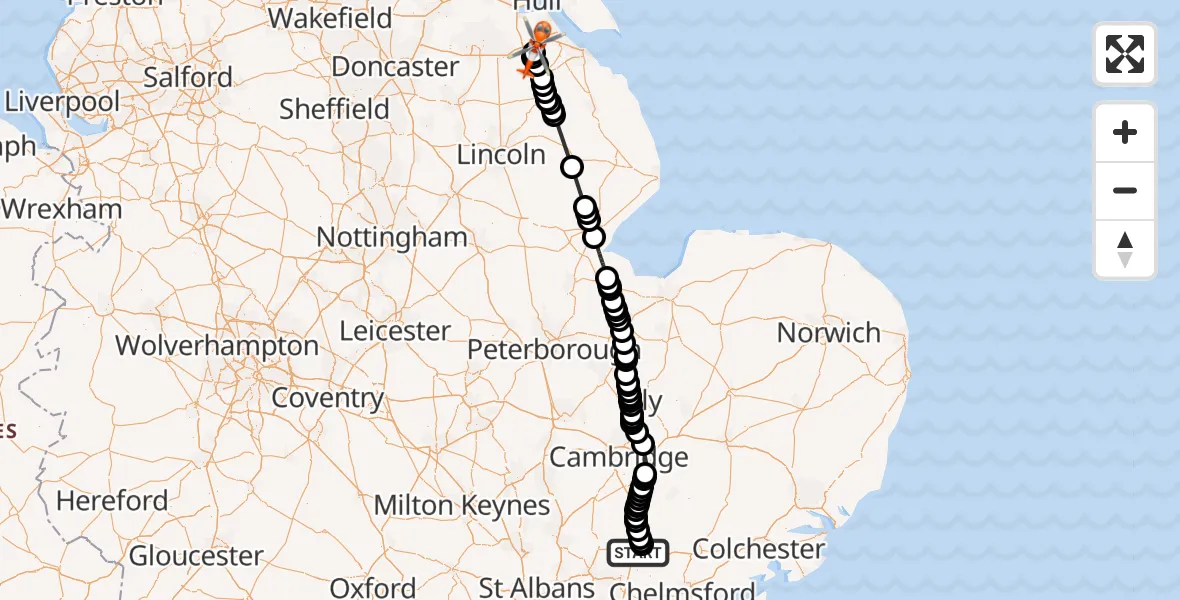Flight route Coastguard Helicopter London Stansted Airport - Humberside Airport, 15 August 2026, 15:54
