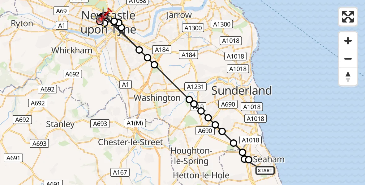 Flight route Air Ambulance Helicopter Seaham - Newcastle Royal Victoria Infirmary, 15 August 2026, 15:59