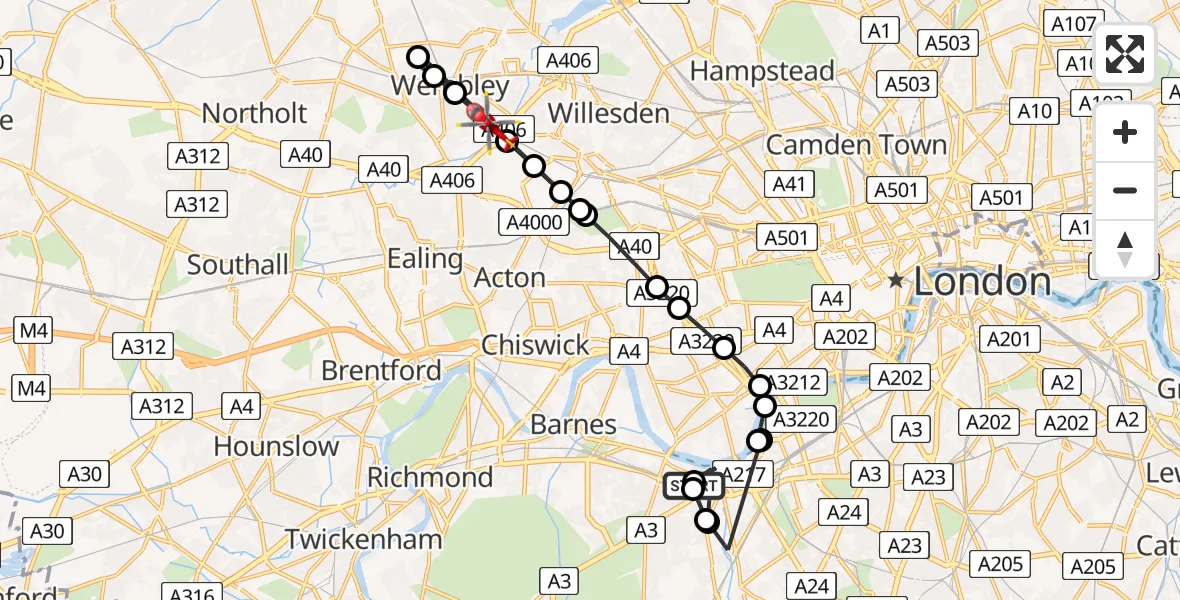 Flight route Air Ambulance Helicopter Putney - Twyford, 15 August 2026, 16:03