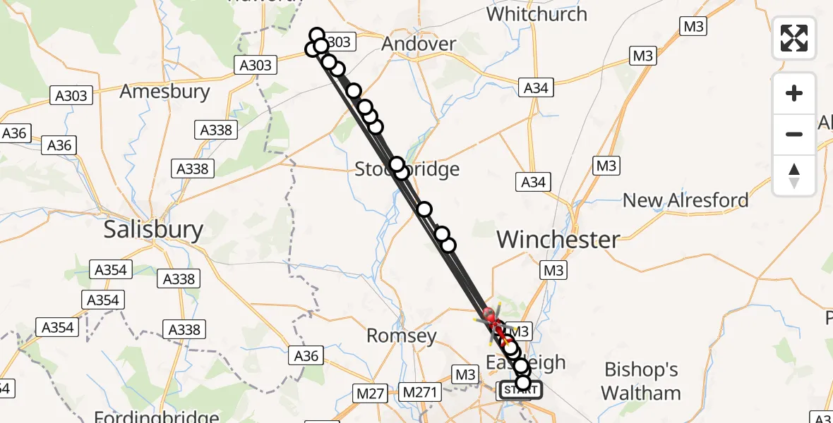 Flight route Air Ambulance Helicopter Southampton Airport - Chandler's Ford, 15 August 2026, 16:07