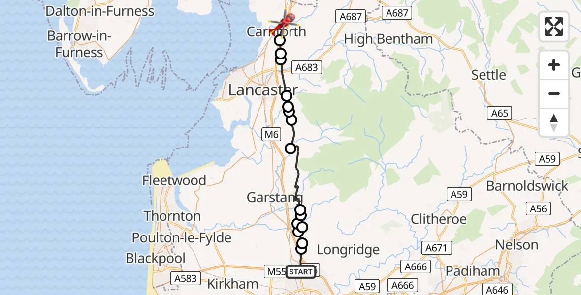 Flight route Air Ambulance Helicopter Broughton - Warton, 15 August 2026, 16:11