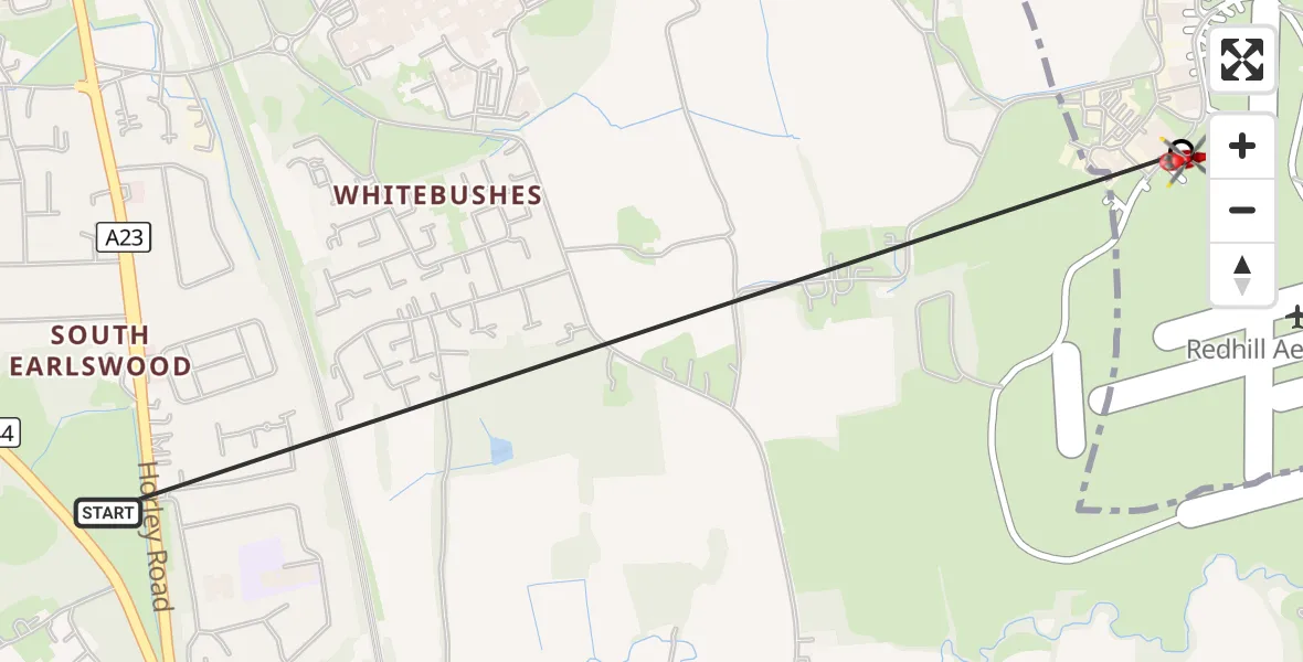 Flight route Air Ambulance Helicopter Salfords - Redhill Aerodrome, 15 August 2026, 16:13