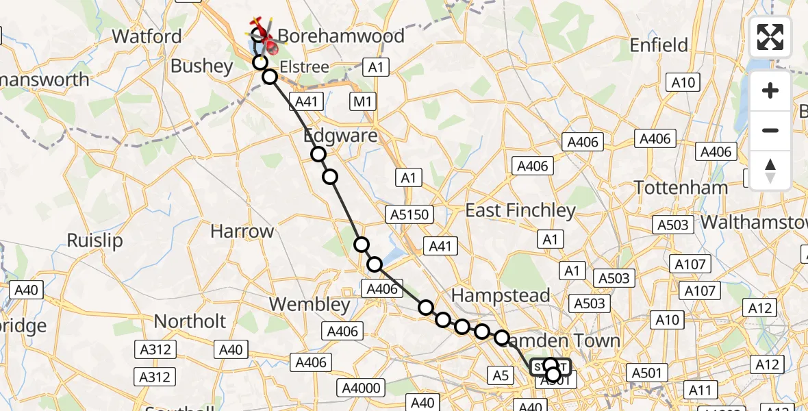 Flight route Air Ambulance Helicopter Fitzrovia - Elstree Airfield, 15 August 2026, 16:18