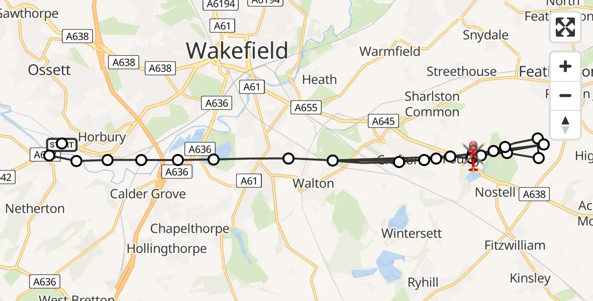 Flight route Air Ambulance Helicopter Horbury Bridge - YAA Nostell Helicopter Port, 15 August 2026, 16:21